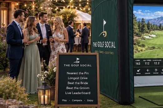Wedding guests with drinks beside the simulator and its games board